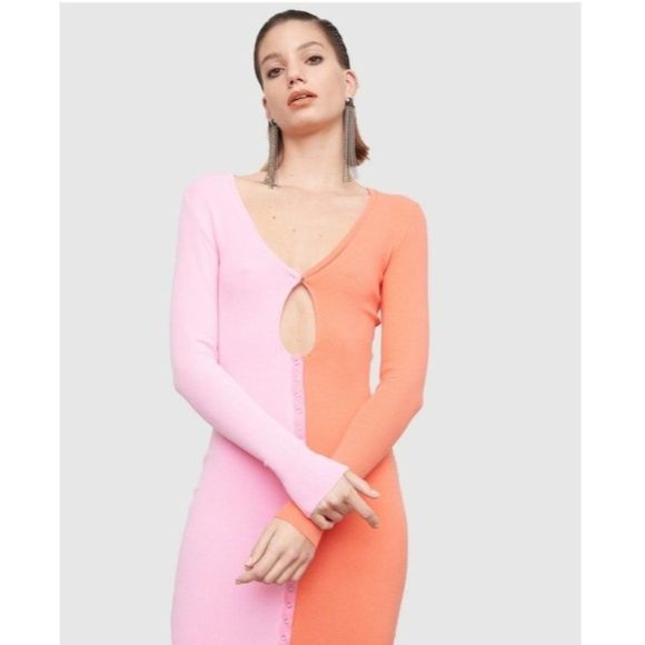 Atoir Pink Orange Colorblocked Saturn Dress Cocktail Long Sleeve Midi Bodycon - Picture 2 of 11